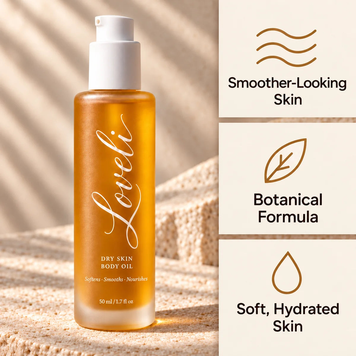 Loveli benefits: smoother-looking skin, botanical formula and soft hydrated skin