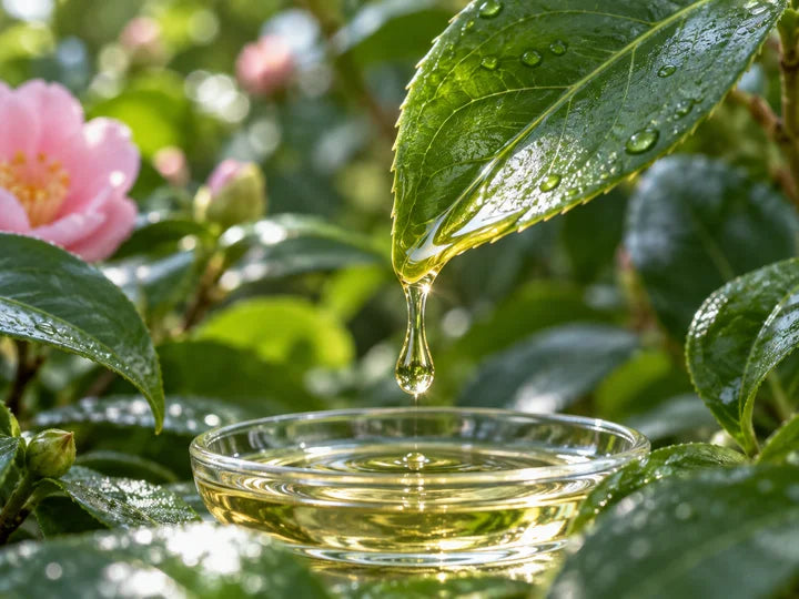Botanical oil on a fresh camellia leaf