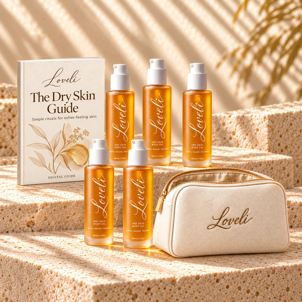 Five bottles of Loveli body oil with the dry skin digital guide and gift pouch