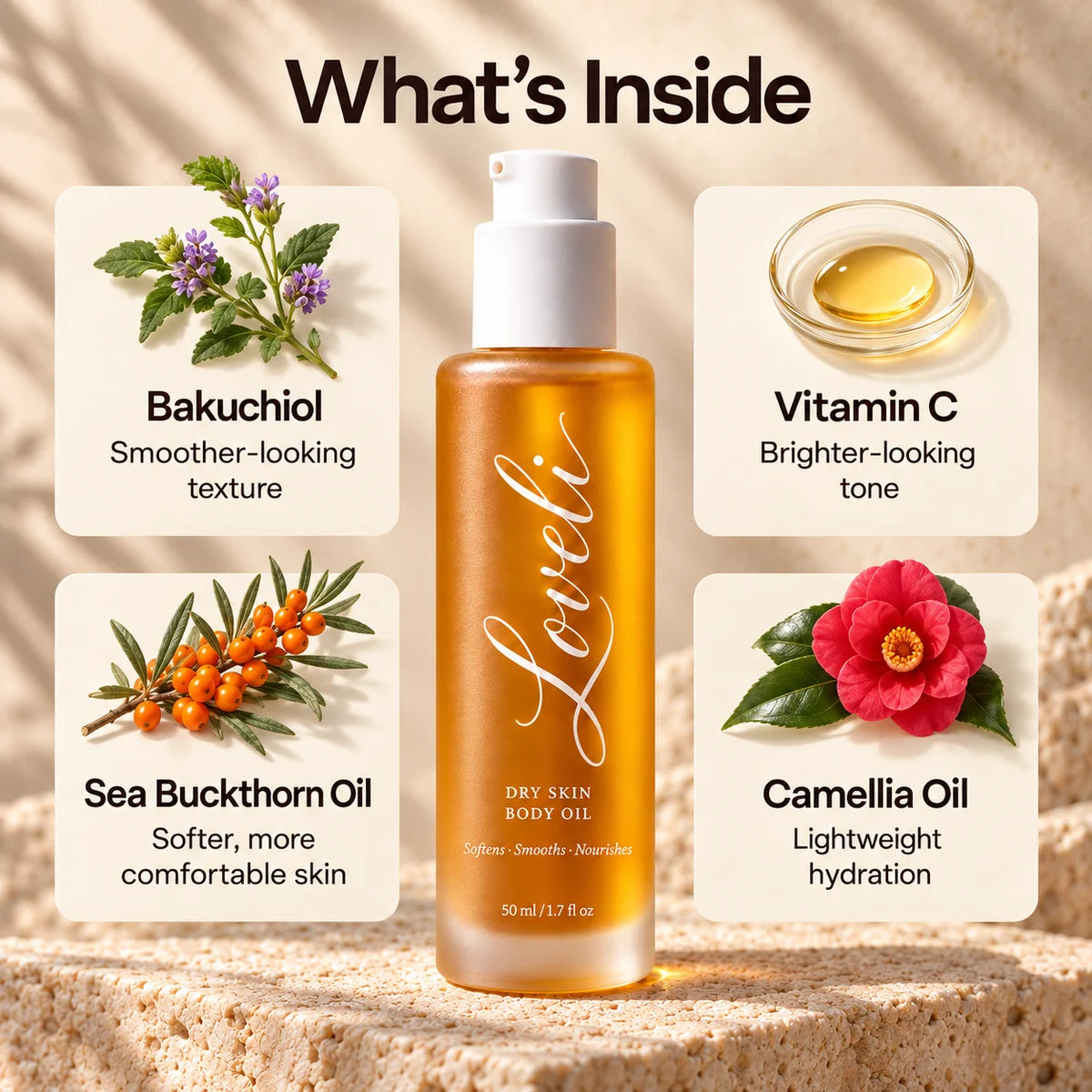 Four hero ingredients in Loveli body oil