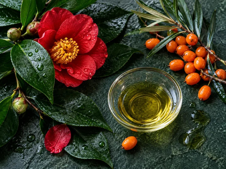 Camellia leaves, a red blossom and sea buckthorn berries beside botanical oil