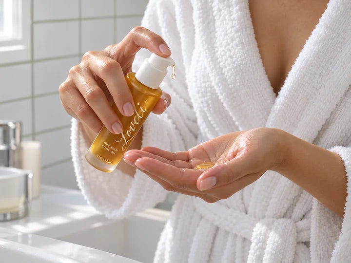 Body oil being dispensed into a palm during an after-shower routine
