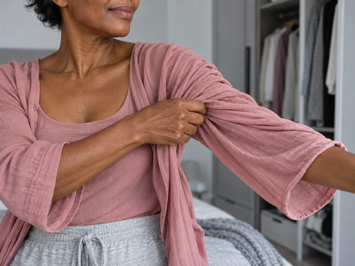 A woman pulling on a soft rose-colored sleeve