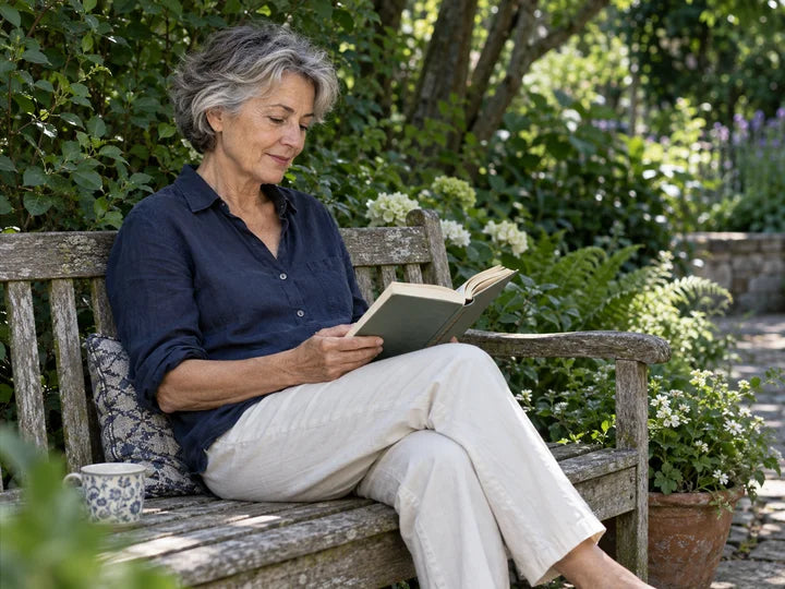 A woman reading peacefully on a shaded garden bench
