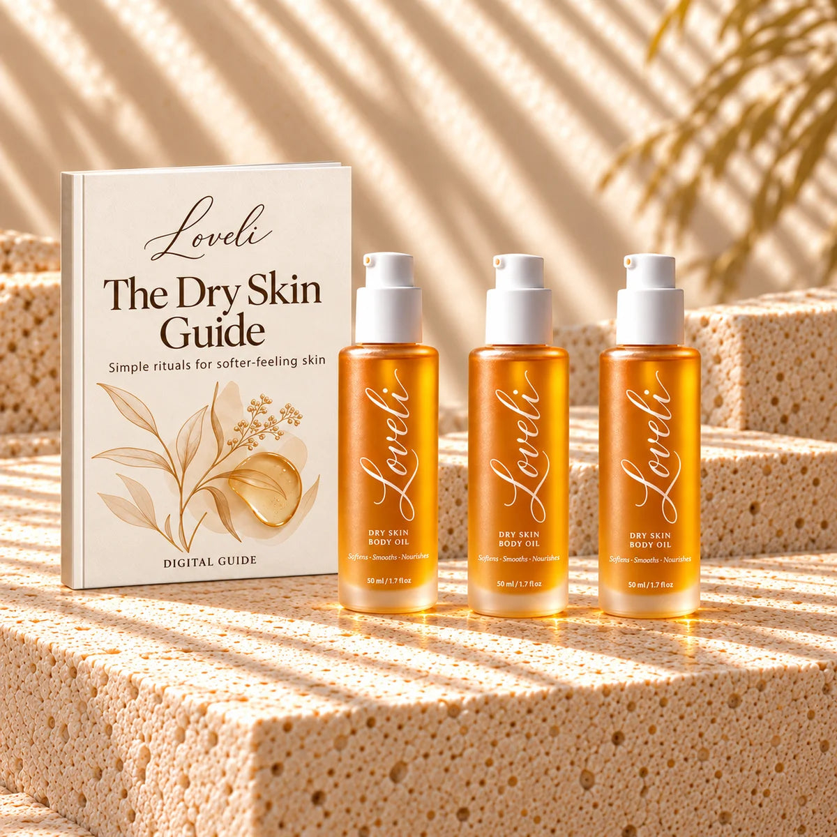 Three bottles of Loveli body oil with the dry skin digital guide